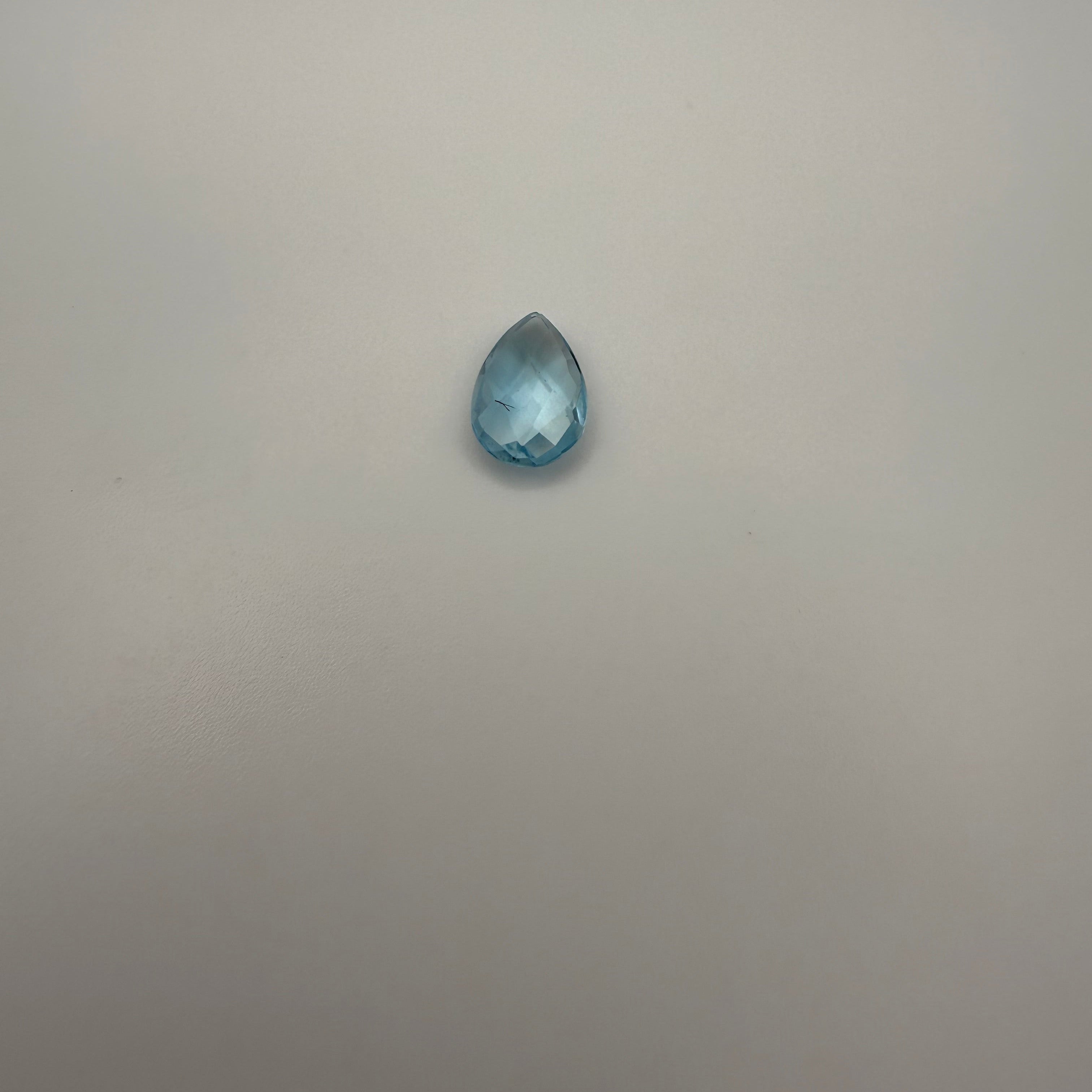 2.0ct Swiss Blue Topaz pear-shaped faceted gemstone on a light background