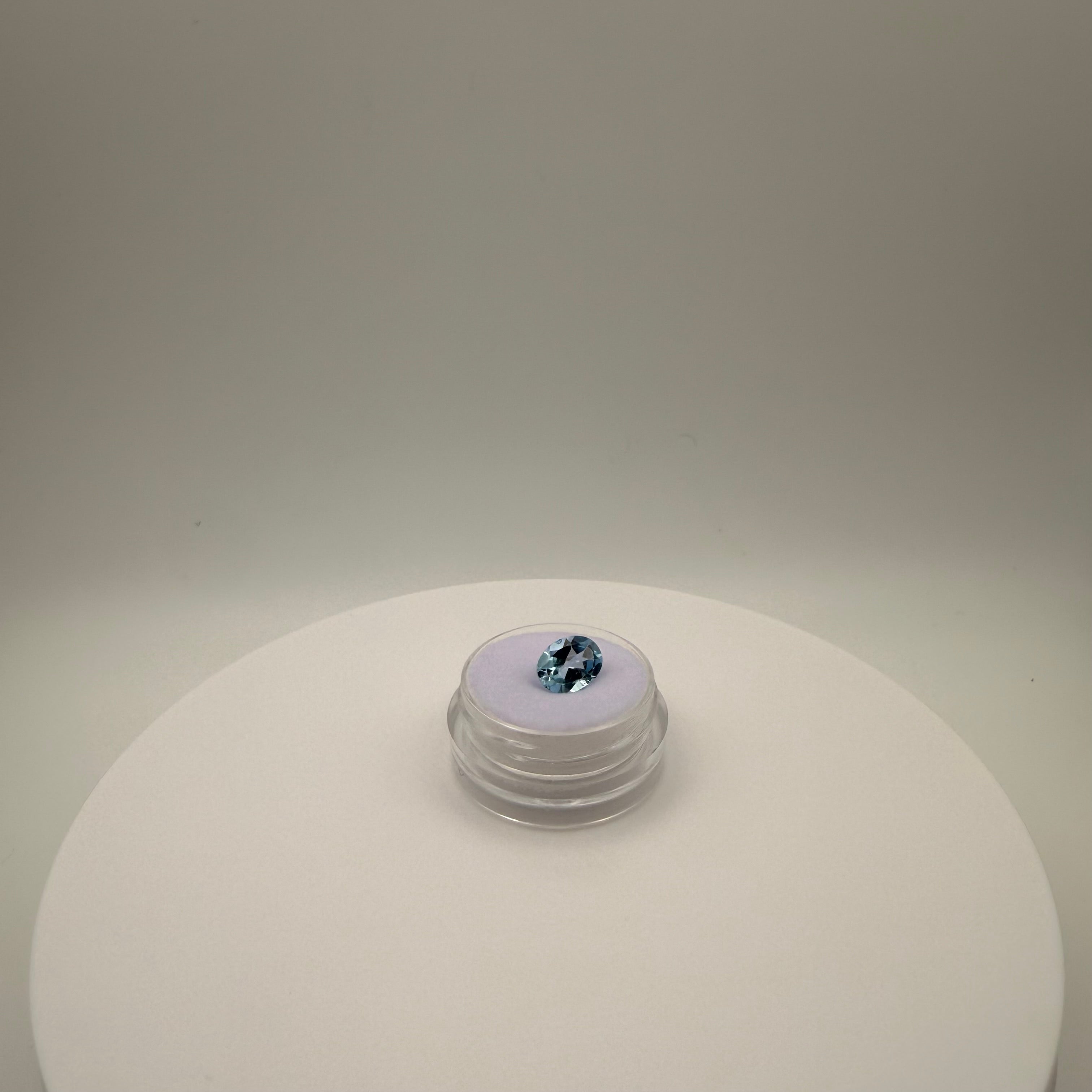 oval faceted 2.0ct Swiss Blue Topaz gemstone on white display